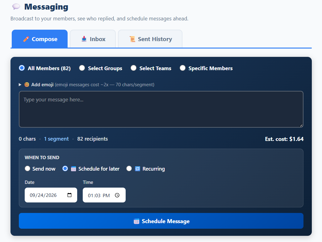 SMSGO Compose: send now, schedule for later, or set a recurring message