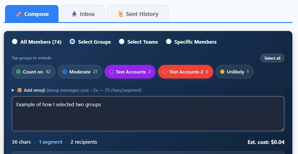 SMSGO Compose: tap group pills to choose your audience, with live cost shown