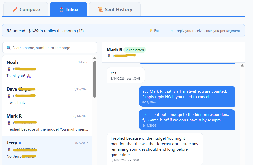 SMSGO Inbox: member replies thread to the organizer, with one-tap responses