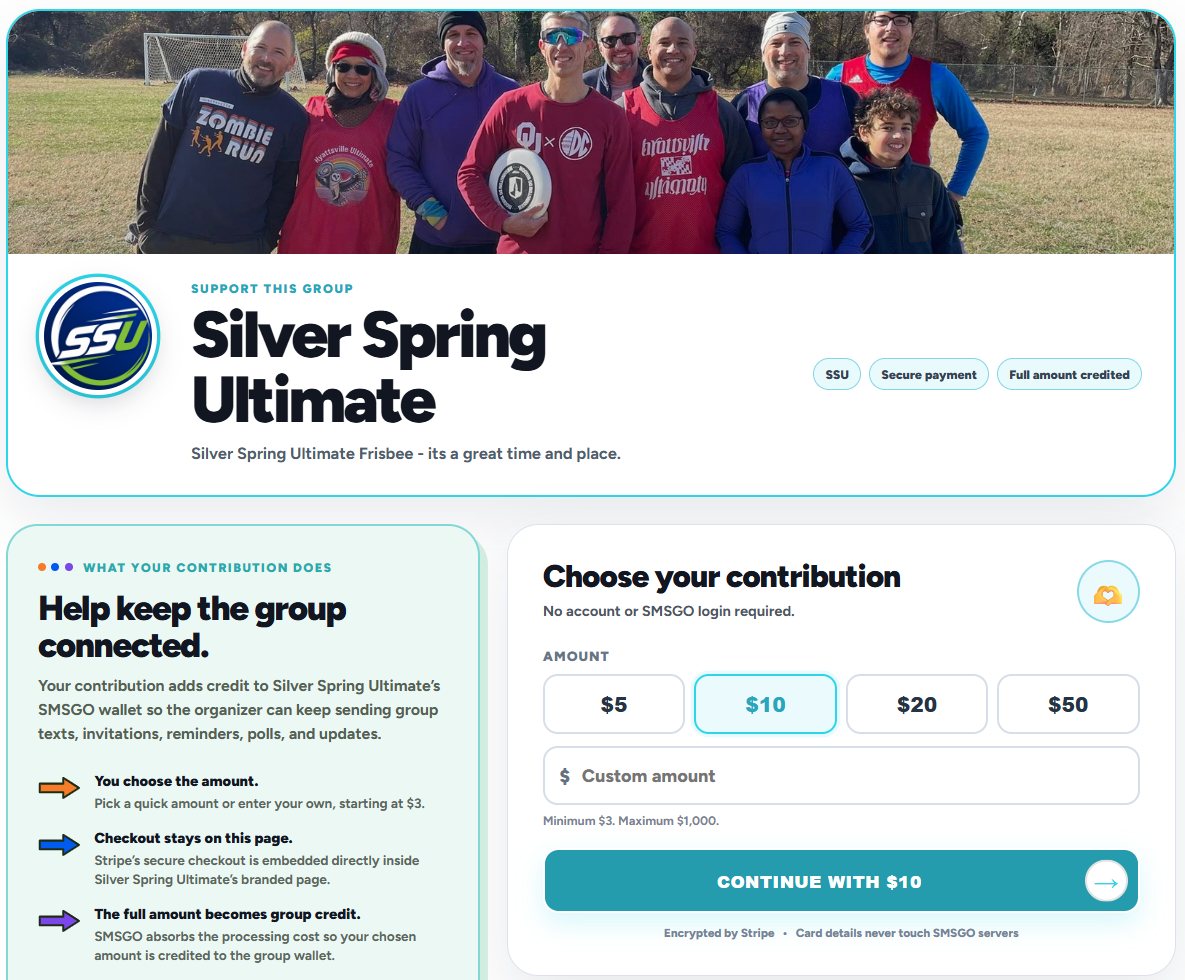Silver Spring Ultimate's real Contribute page on SMSGO, with the team photo, the SSU logo and amount buttons from $5 to $50